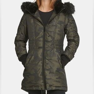 DKNY Green Camo Faux Fur Trim Puffer Jacket